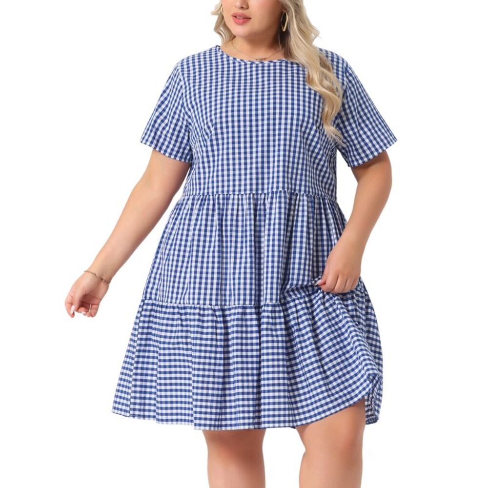 Plus Size Gingham 1950s Vintage Plaid Round Neck Tiered Midi Dress Dark Blue